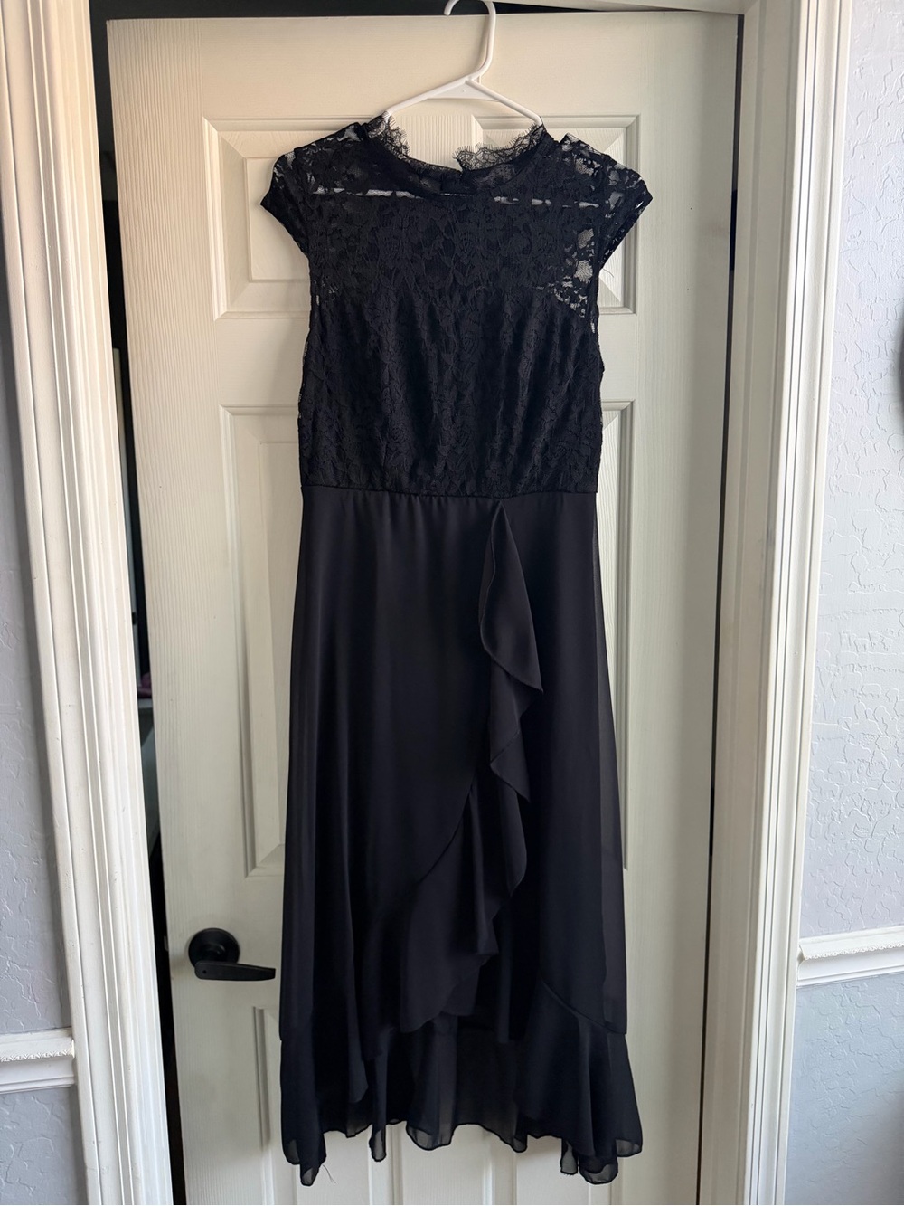 Lace Bodice Black Midi Dress with Ruffle Front